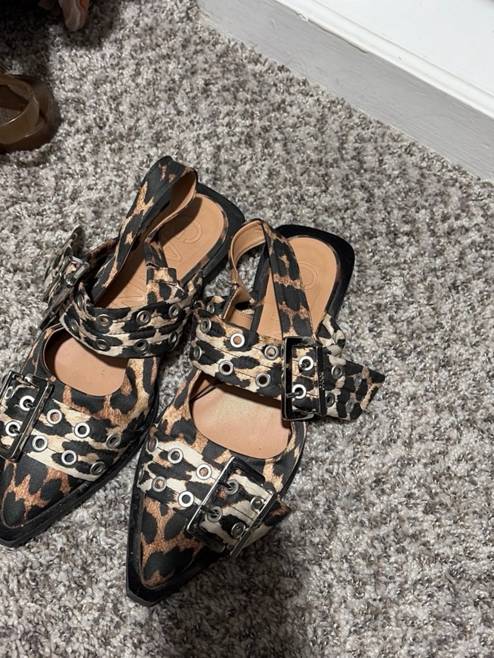 Ganni Leopard Print Pointed Toe Buckle Flats in Black and Tan